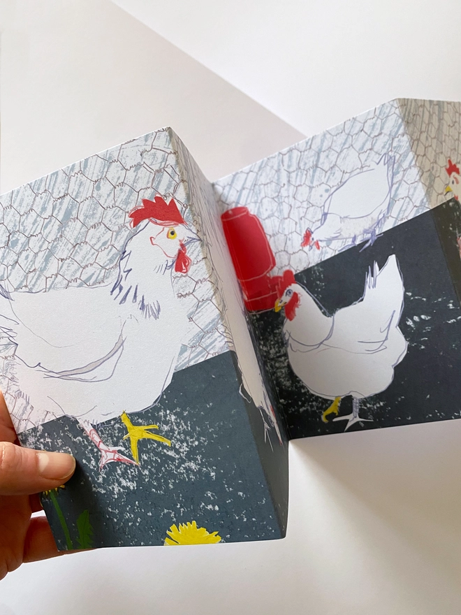 Esther Kent illustrated Garden Hens greetings card in dark blue, red and white, showing drawings of hens and chicken wire