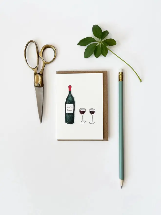 red wine illustrated mini card. card photographed against plain white backdrop.