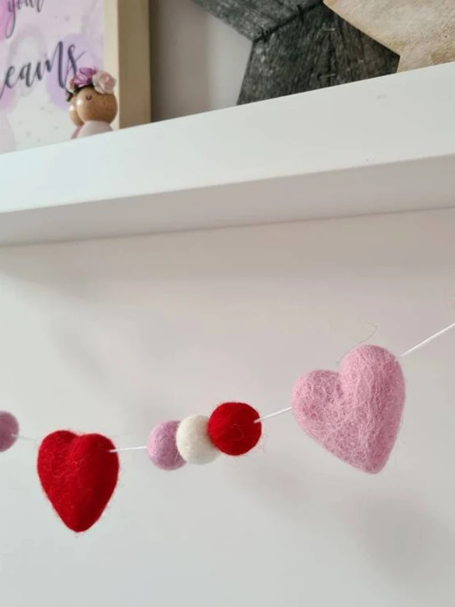 Valentine Heart Garland Pink and Red Felt Wool Hearts