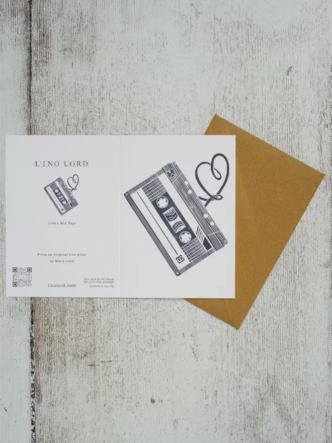 Greeting Card with an image of a Cassette mix tape, taken from an original lino print