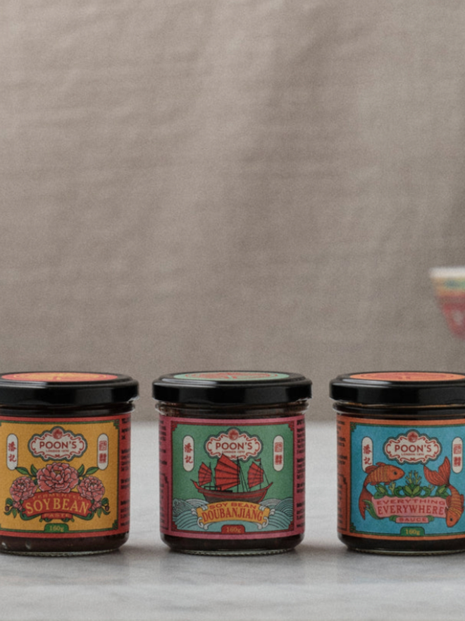 Savoury Ferments Collection. Three jars of sauce lined up.