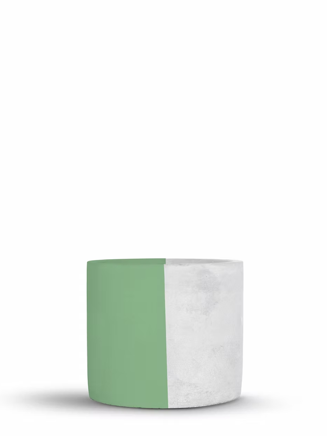 half & half concrete plant pot. a grey concrete plant pot painted half green.