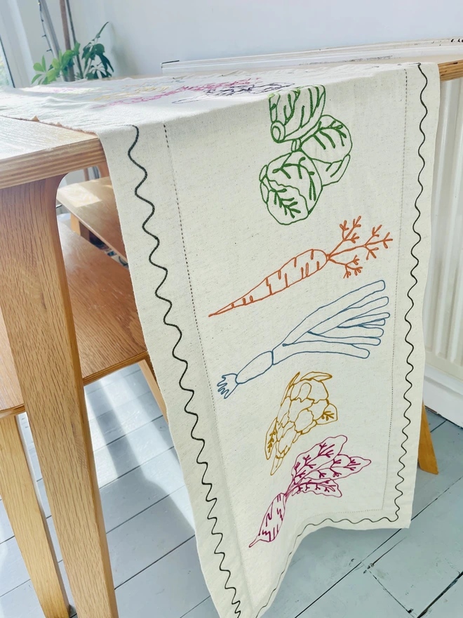 Embroidered Vegetable Linen Table Runner