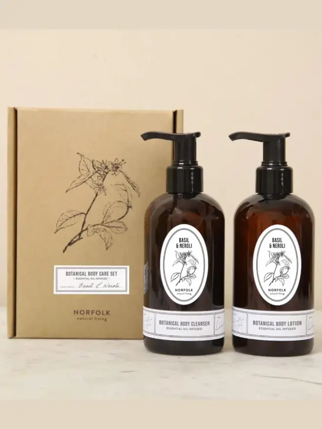 Basil & Neroli Botanical Body Care Set - 1 x Cleanser and 1 x Moisturiser, alongside a gift box