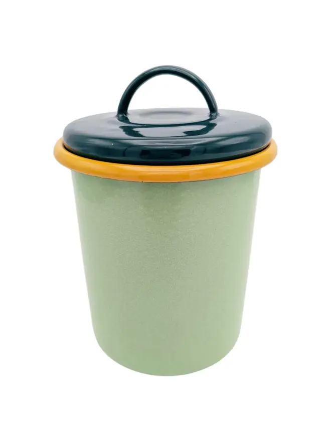Enamel Storage Jar, a colourful enamel storage jar sitting on a plain white surface. 