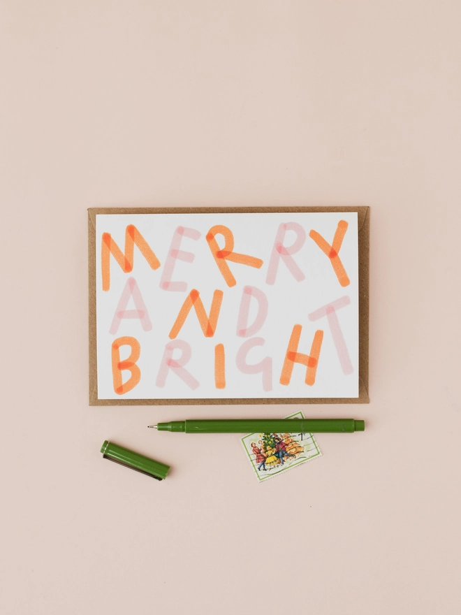 'Merry and Bright' pink and red Christmas card