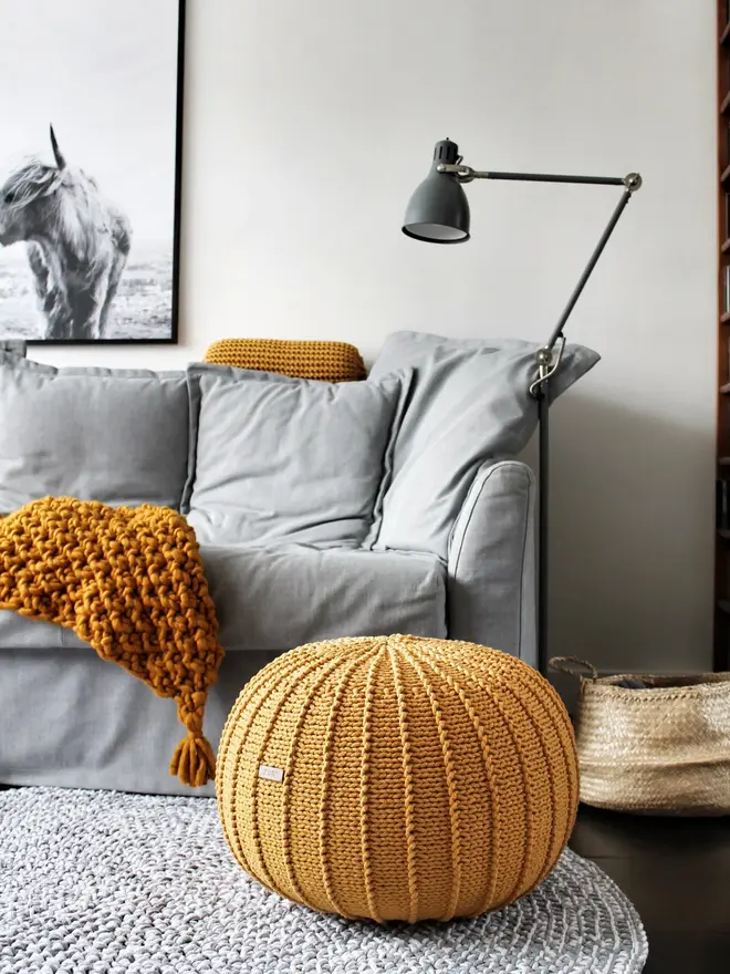 mustard cotton pouffe ottoman footstool