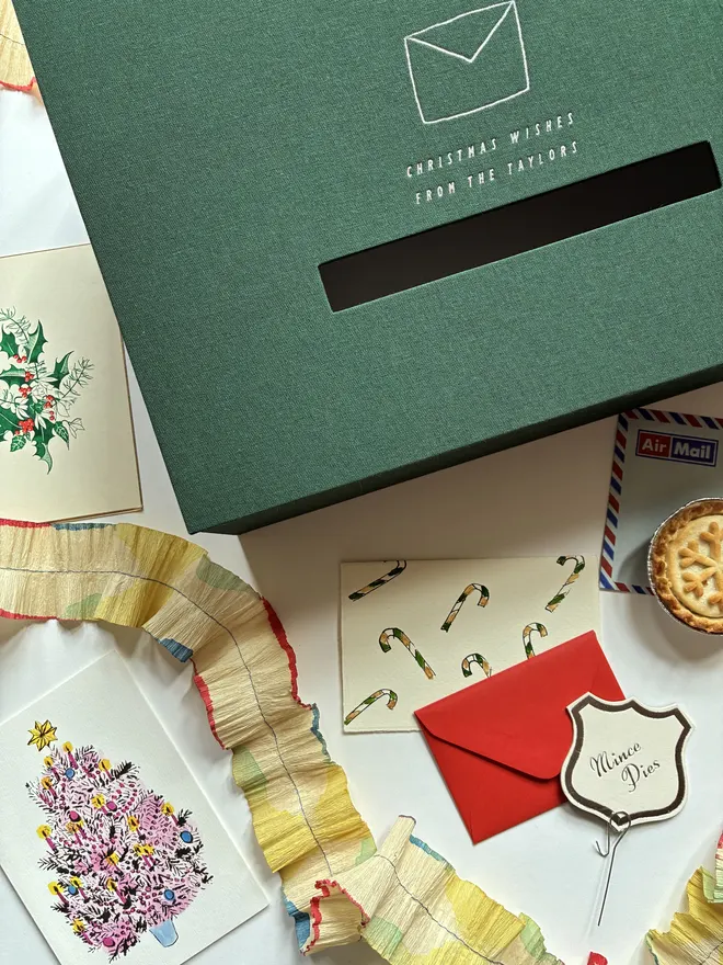 Handmade Christmas Postbox in Forest Green Cloth surrounded by vintage Christmas decorations