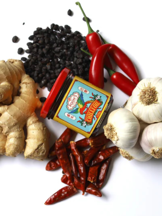 Extraordinary Chilli Oil. A jar of chilli oil with its components.