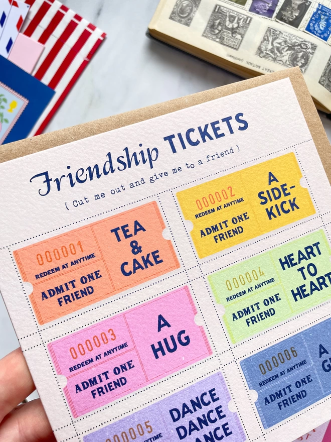 vintage tickets to give to friends. tea and cake ticket, a Side kick, a hug ticket