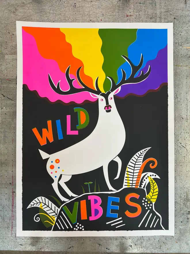'Wild Vibes' Screenprint, a colourful screenprint against a stone backdrop. The print reads 'wild vibes'. 