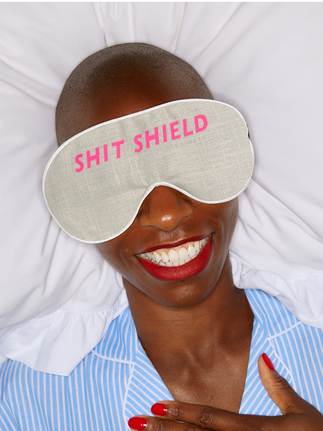 Catherine Colebrook linen slogan eye mask - shit shield