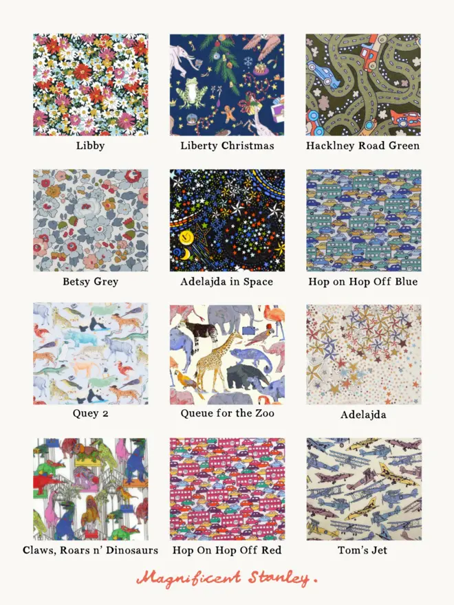 the choice of 12 Liberty Print swatches including floral prints, zoo animals, cars and planes