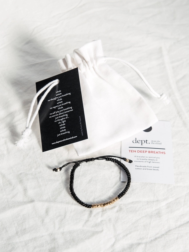 Ten Deep Breaths Bracelet in Black with Drawstring Bag