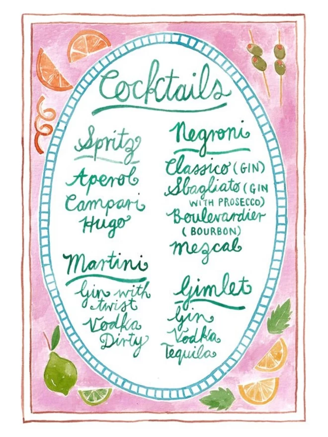 Personalised Painted Wedding Cocktail/Drinks Menu