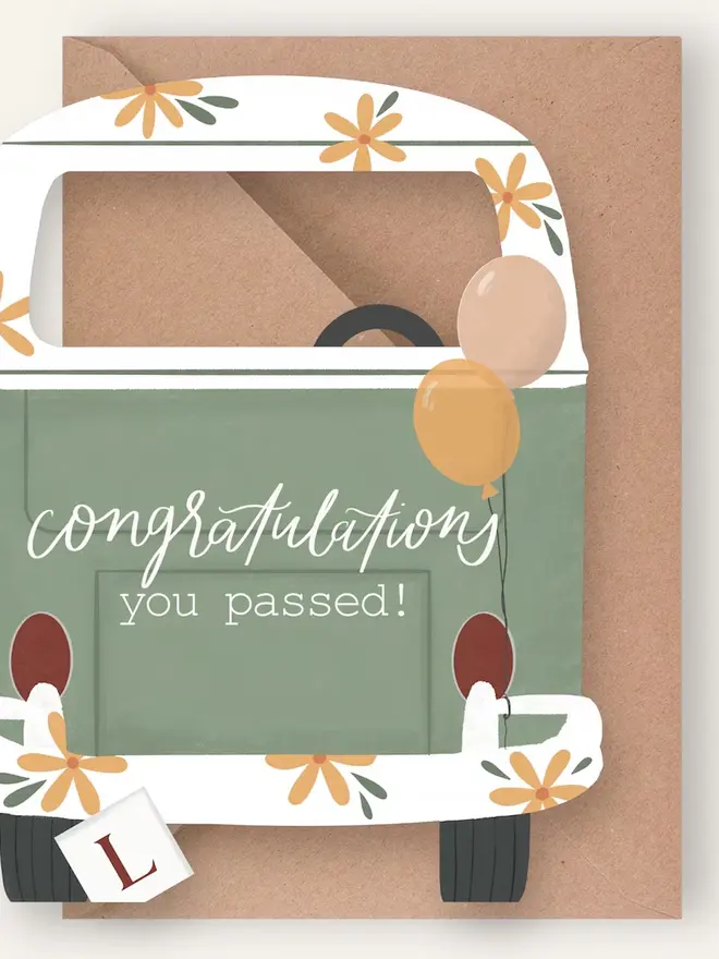 you passed driving test card. card shaped like campervan to congratulate new driver.