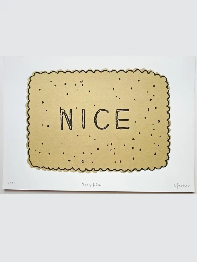 A4 Very Nice Biscuit Screen Print, a white screenprint with a biscuit with the word 'nice' in the centre. 