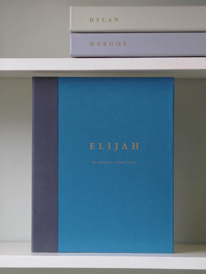 personalised keepsake ring binder. a personalised blue ring binder on a shelf.
