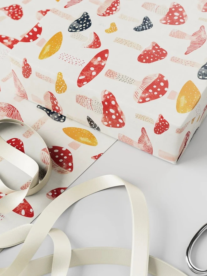 Retro Mushrooms Block Print Wrapping Paper 