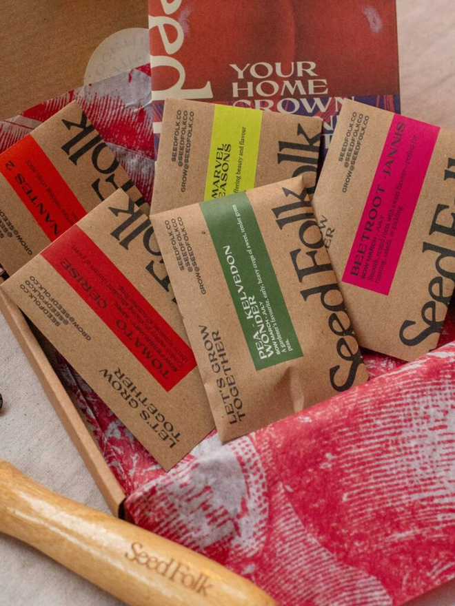 the veg patch seed collection. small box in pink packaging illustrated with carrots photographed open to show seed packets inside.