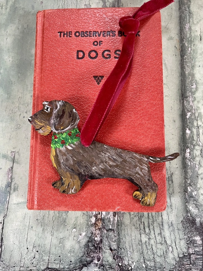 Wire - haired Dachshund Christmas Decoration with red ribbon