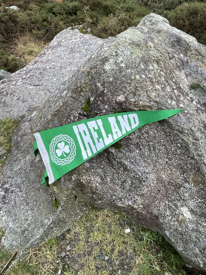 felt pennant flag rich pea green with white text saying IRELAND and a shamrock in a celtic patterned border