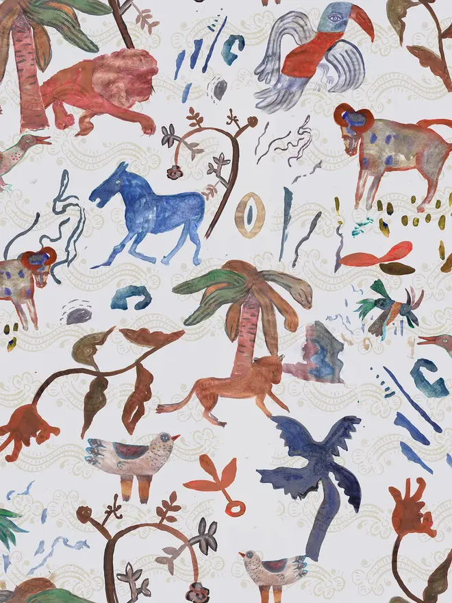 beasties illustrated animals wallpaper. a white background wallpaper patterned with different coloured animals.