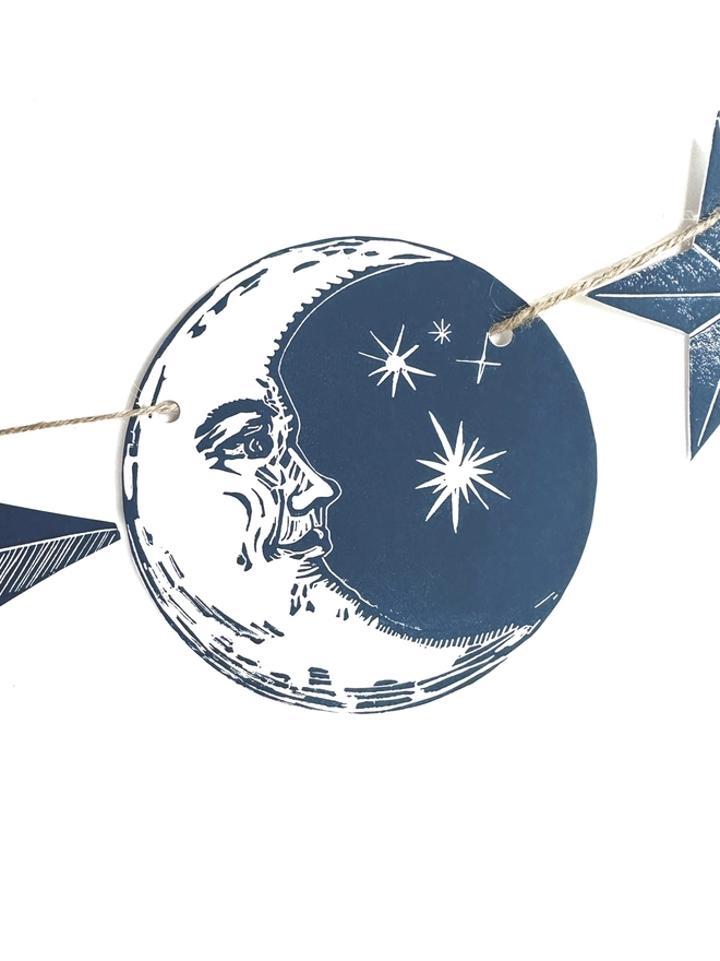 Moon Garland, Hand Printed Blue Bunting. Celestial Wall Hanging