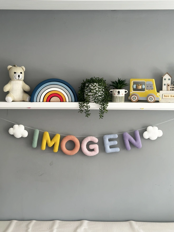 Personalised Name Cloud Star or Heart Garland, a colourful name garland for a child’s bedroom, baby gift, nursery decoration, bunting