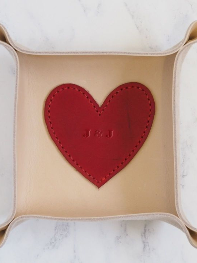 handmade leather personalised love heart coin tray