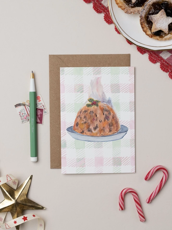 Christmas Figgy Pudding Christmas Card on watercolour painted gingham background