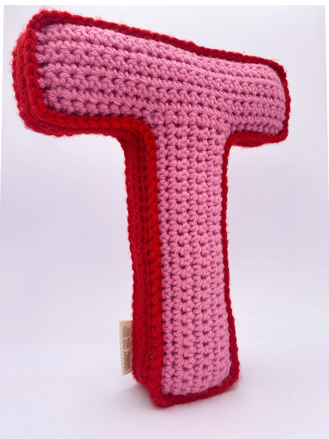 Crocheted Letter T in Bubblegum Pink and Postbox Red