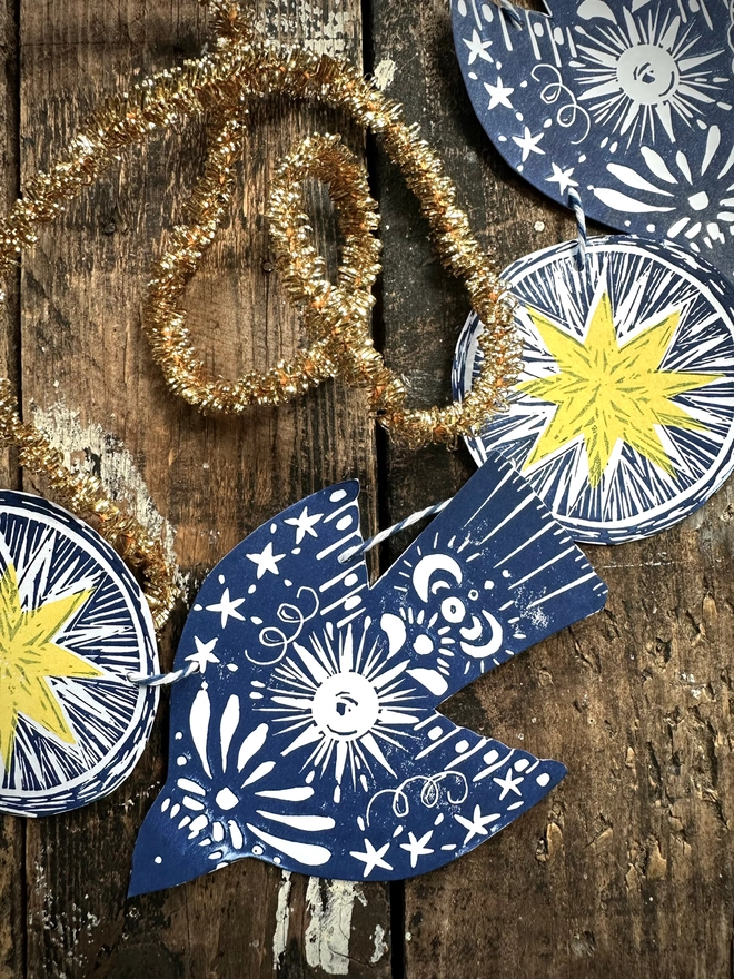 'Twinkle & Flight' Festive Nordic Folk Birds Linocut Garland
