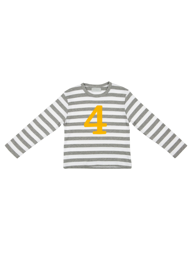 Grey Marl & White Striped Number 4 T Shirt (Mustard)
