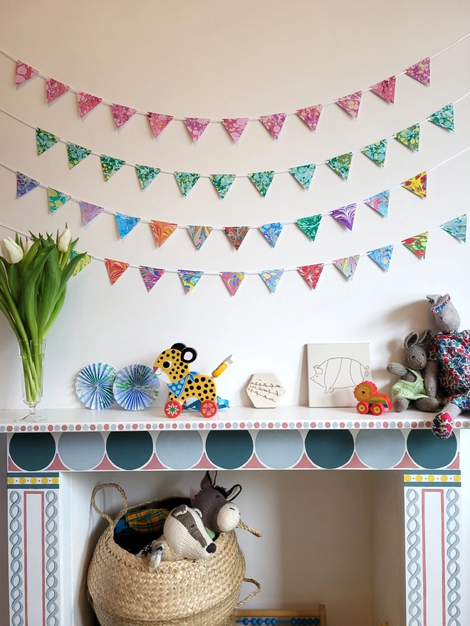 Hand-marbled multi-coloured rainbow paper bunting