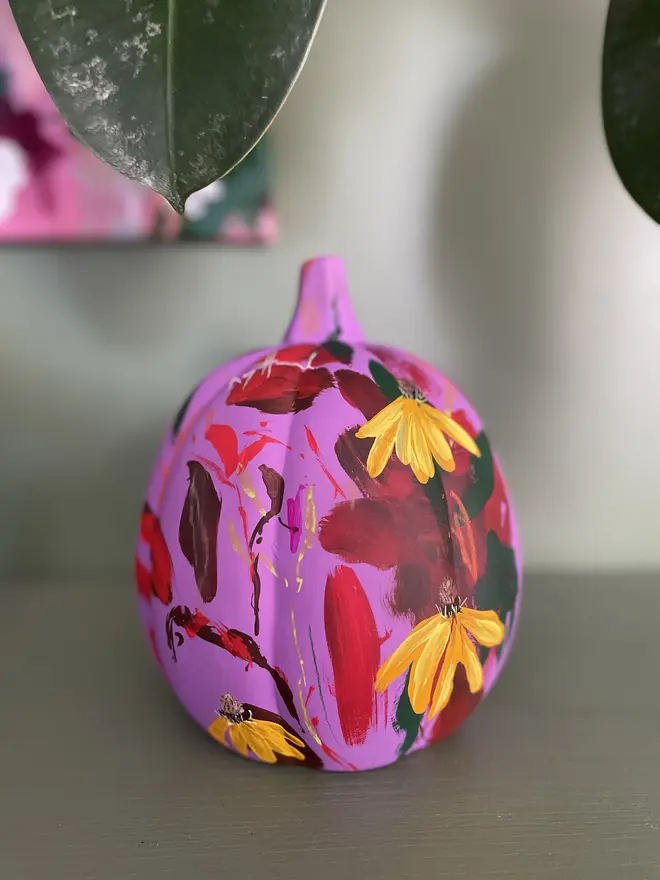 hand painted ceramic floral halloween pumpkin purple background bright yellow Rudbeckia fulgida flowers