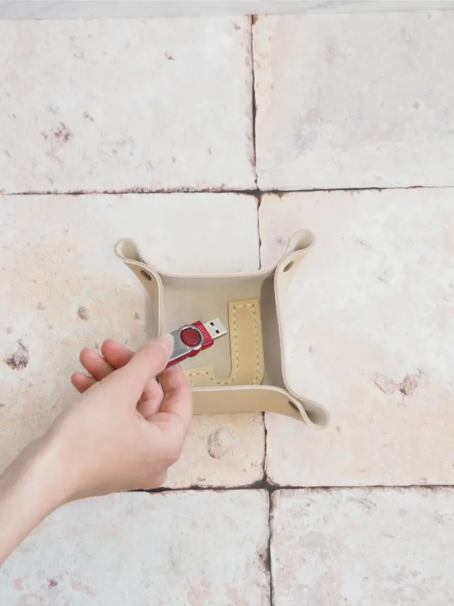 mini leather trinket tray in cream