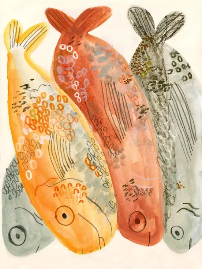 trio of fish print. illustrated fish on cream background.
