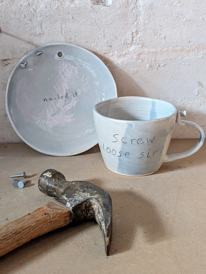 Nailed it plate with ceramic nail plate and grey screw loose cup for dad with translucent glaze