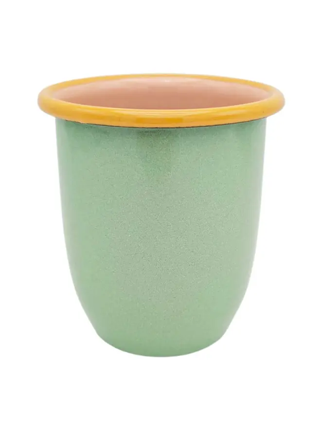 Enamel Tumbler, a tumbler sitting on a white plain surface. 