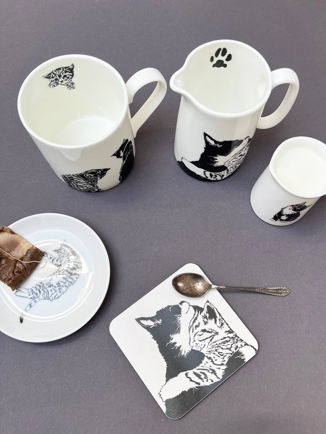 Pussy cat collection including coaster, mug, jugs and round trinket tray are kitchen musts