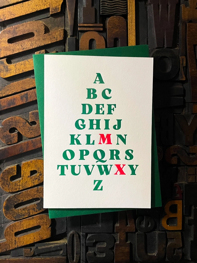 For all you typographers out there; an alphabetical Christmas tree hand printed on "Mary"; my vintage treadle Arab platen. A beautiful typographic letterpress Christmas card. Printed with rich inks with luxury matching and contrasting envelopes; ideal to send to your designer friends at the festive season