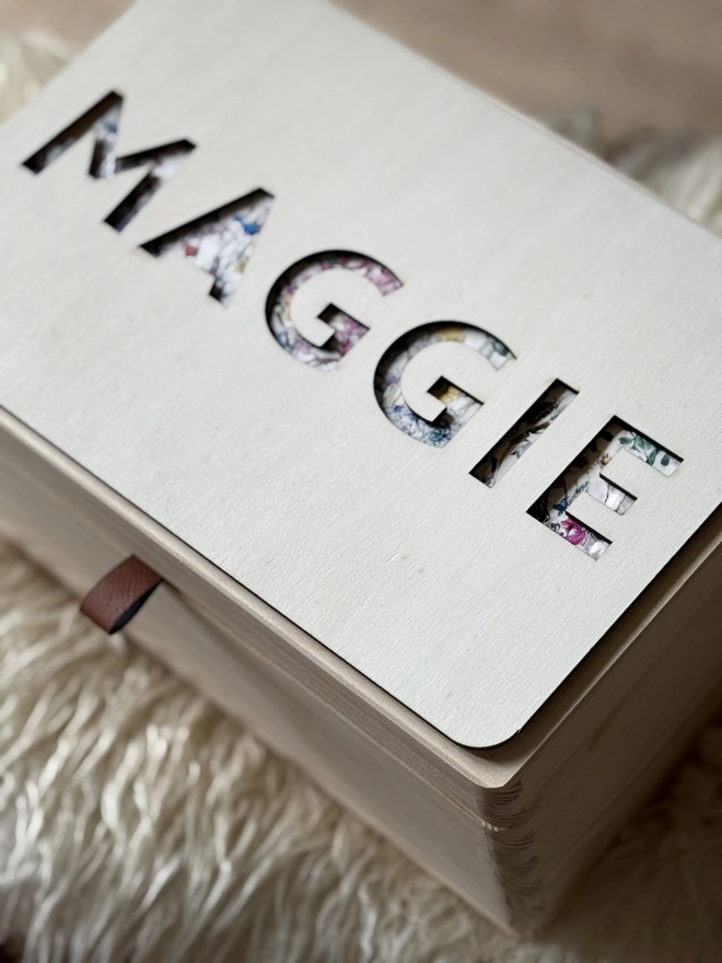 baby liberty memory box with the name maggie