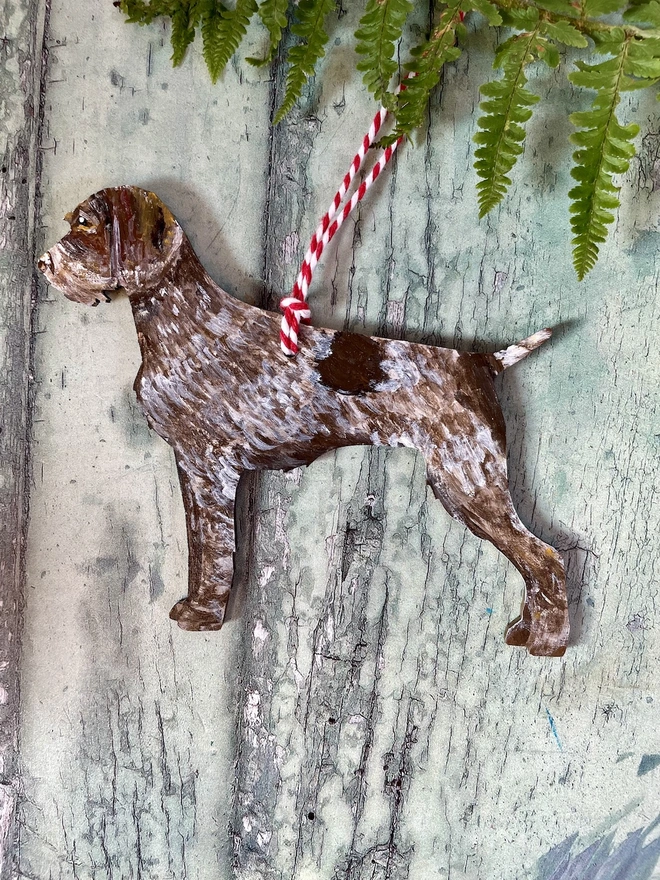 German Wire-haired Pointer hand-painted Christmas tree decoration with red and white twine to hang 