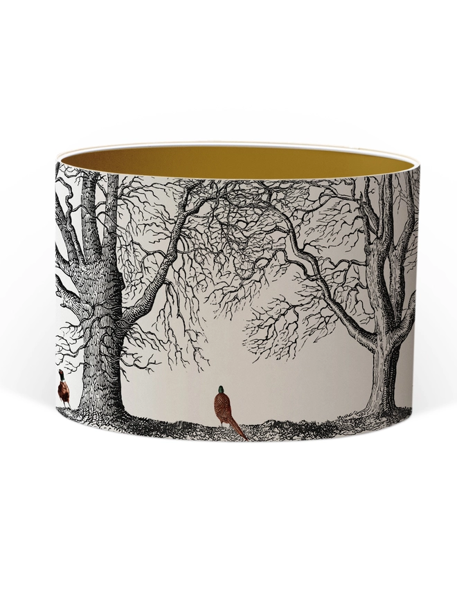 Handmade pheasant lampshade with whimsical woodland illustrations inspired by the British countryside