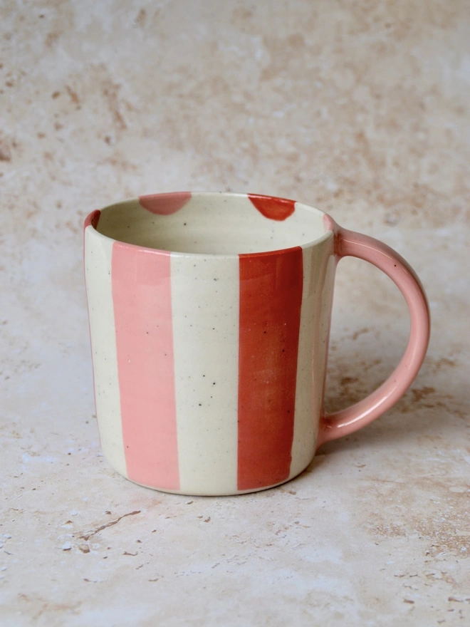 Bonbon Mug — handmade ceramic striped mug in red and pink