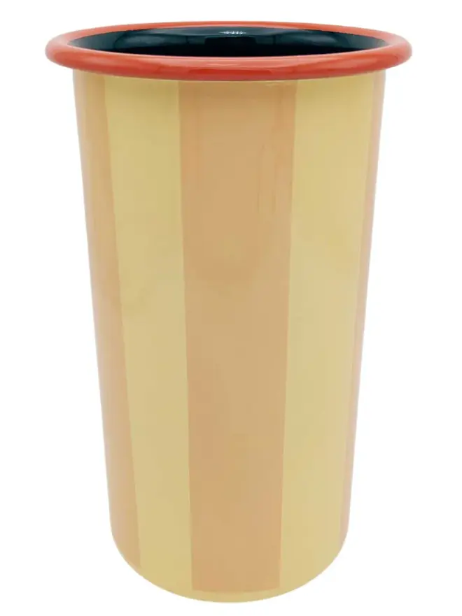Enamel Vase, a colourful enamel vase sitting on a plain white surface. 