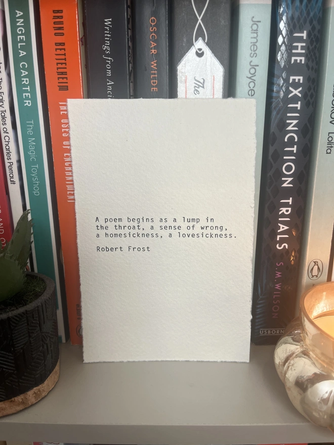 typewriter custom print on cotton rag paper with deckled edges displayed on a bookcase