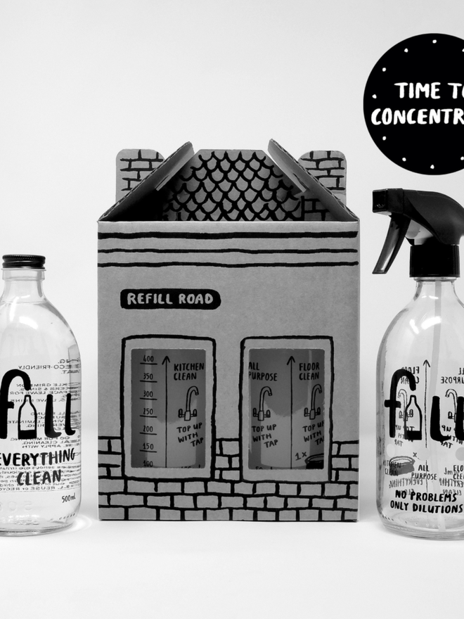 Everything Clean Time to Concentrate. A box shaped like a house surrounded by two Everything Clean bottles.