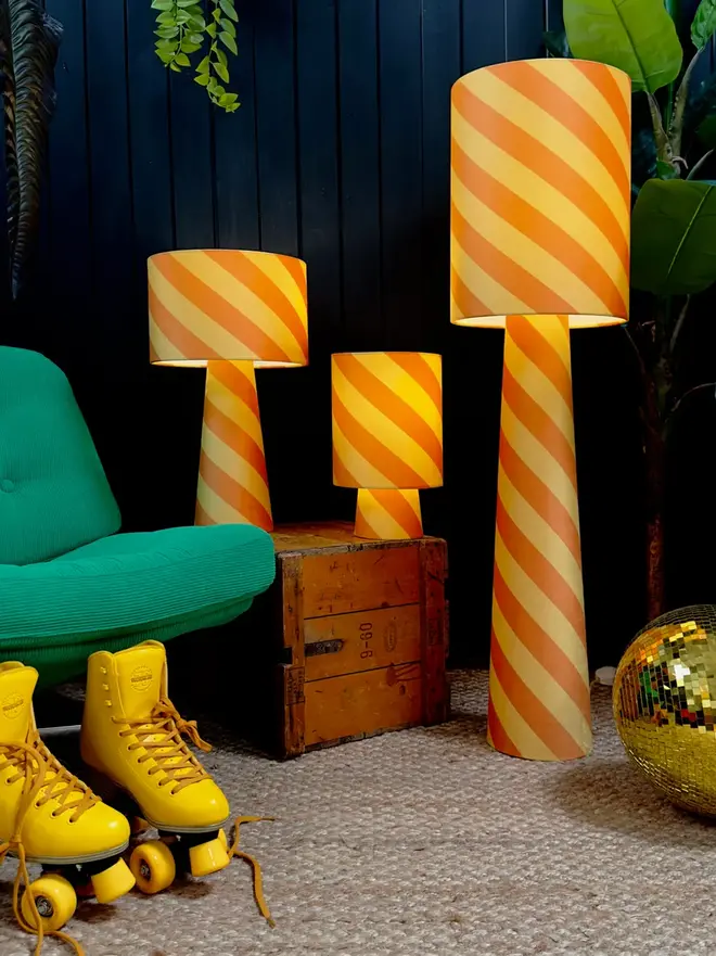 Portable Helter Skelter Velvet Lamps, in a room. 